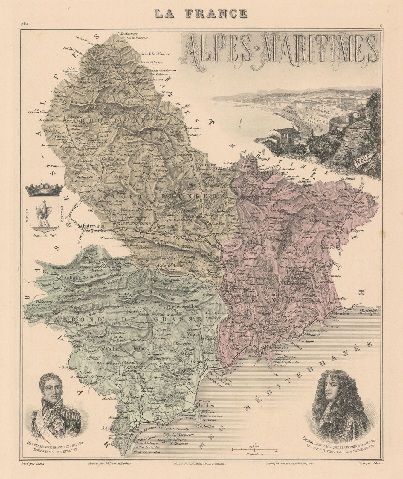 Alpes-Maritimes département. Nice vignette. Vuillemin 1890 old antique map